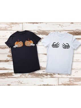 Gildan Black and White Short Sleeve Tee with Skeleton Pumpkin Chest Graphics